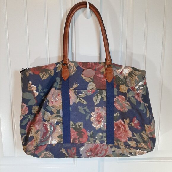 VTG Gitano 80's/90's Navy Floral Cotton Canvas Duffle Weekender Bag - Picture 2 of 16